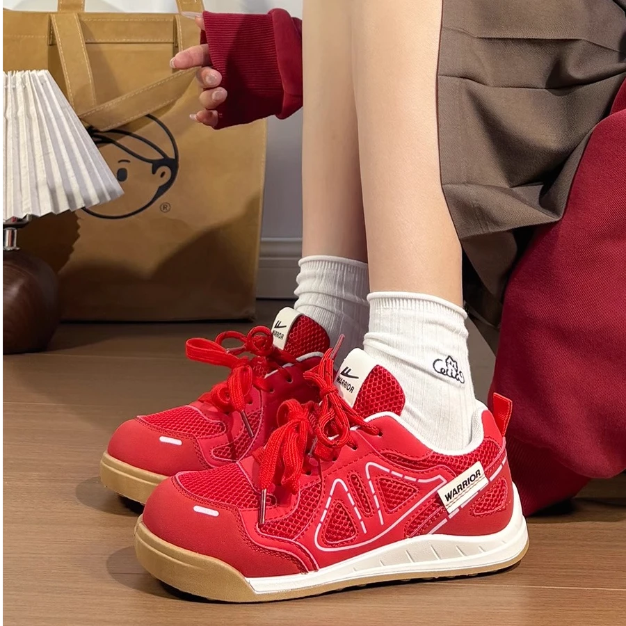 回力2025新款红色德训鞋女爆款轻便百搭网面透气软底休闲运动板鞋