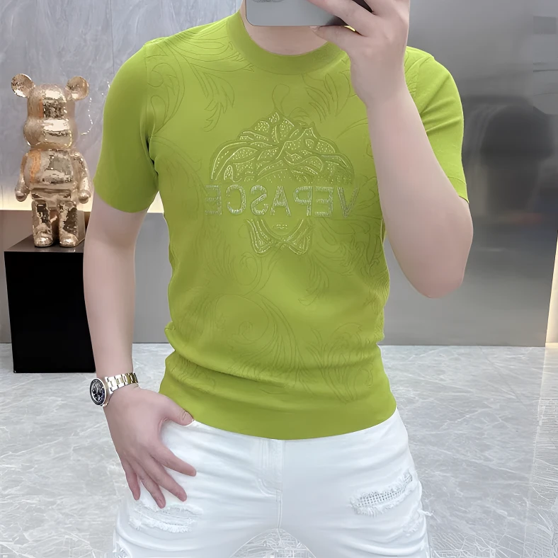 2025春夏新品欧货时尚提花烫钻网红修身帅气圆领短袖冰麻针织衫男