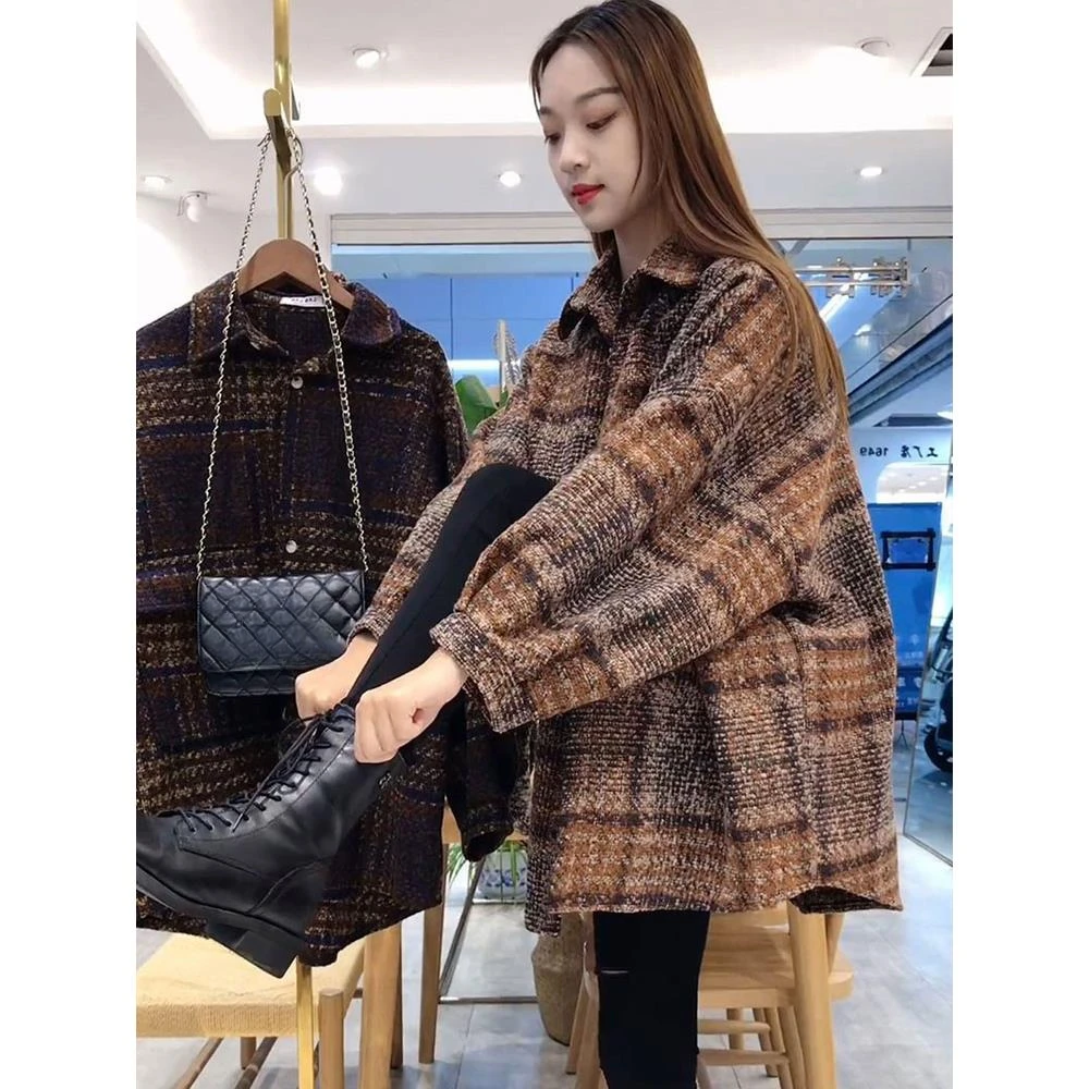 港风复古加厚毛呢中长款格子衬衫女秋冬时尚百搭休闲磨毛衬衣外套