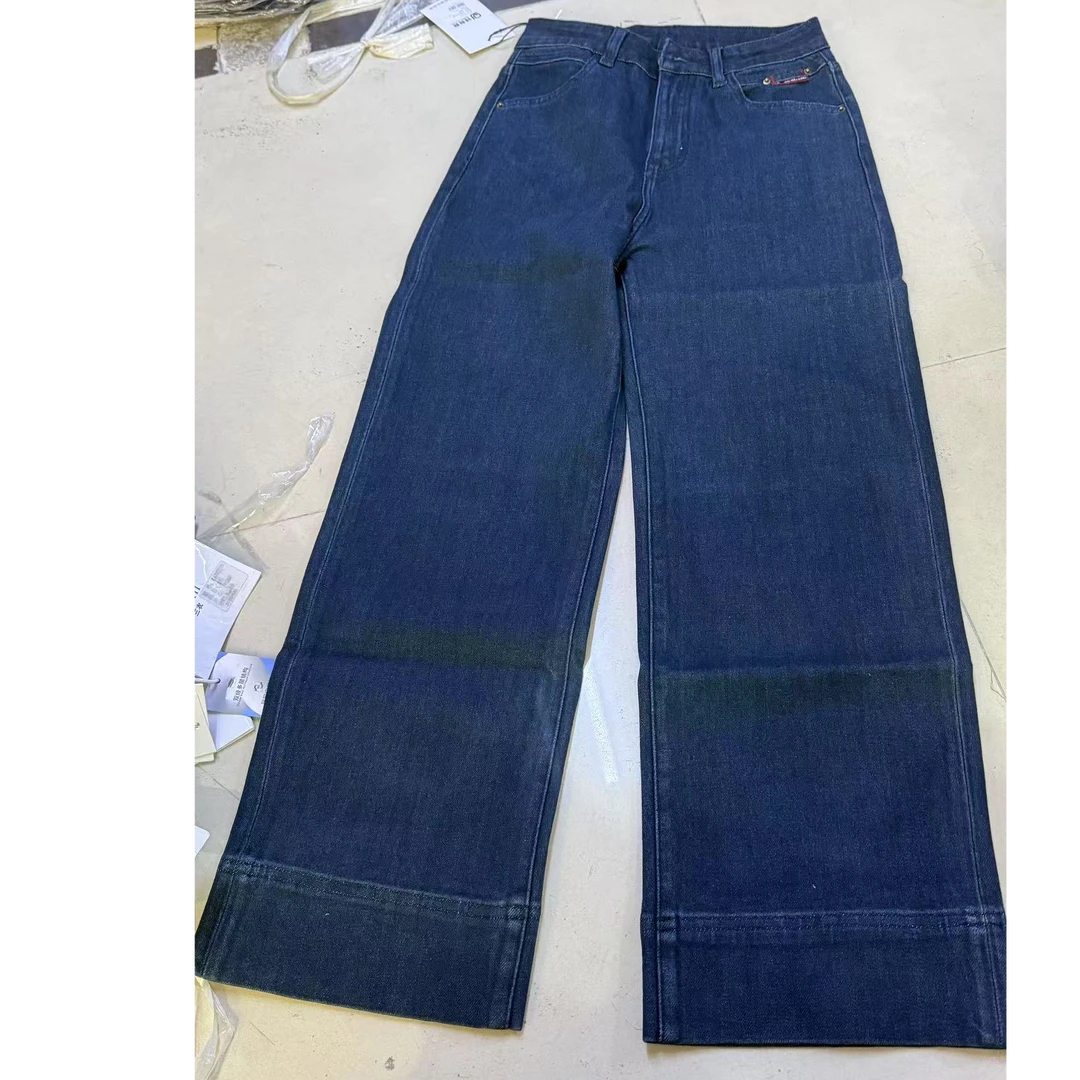 63715牛仔裤2024冬季加绒九分阔腿裤深色显瘦直筒裤女