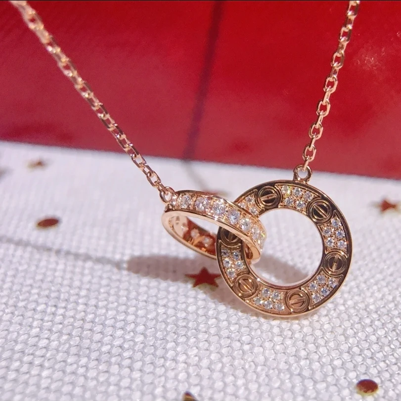 99新 Cartier/卡地亚 珊珊活动 LOVE 双环满钻项链 18K玫瑰金
