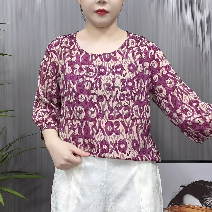 DM257民族风夏季圆领短袖衬衫妈妈装洋气百搭穿搭衣服气质妈妈