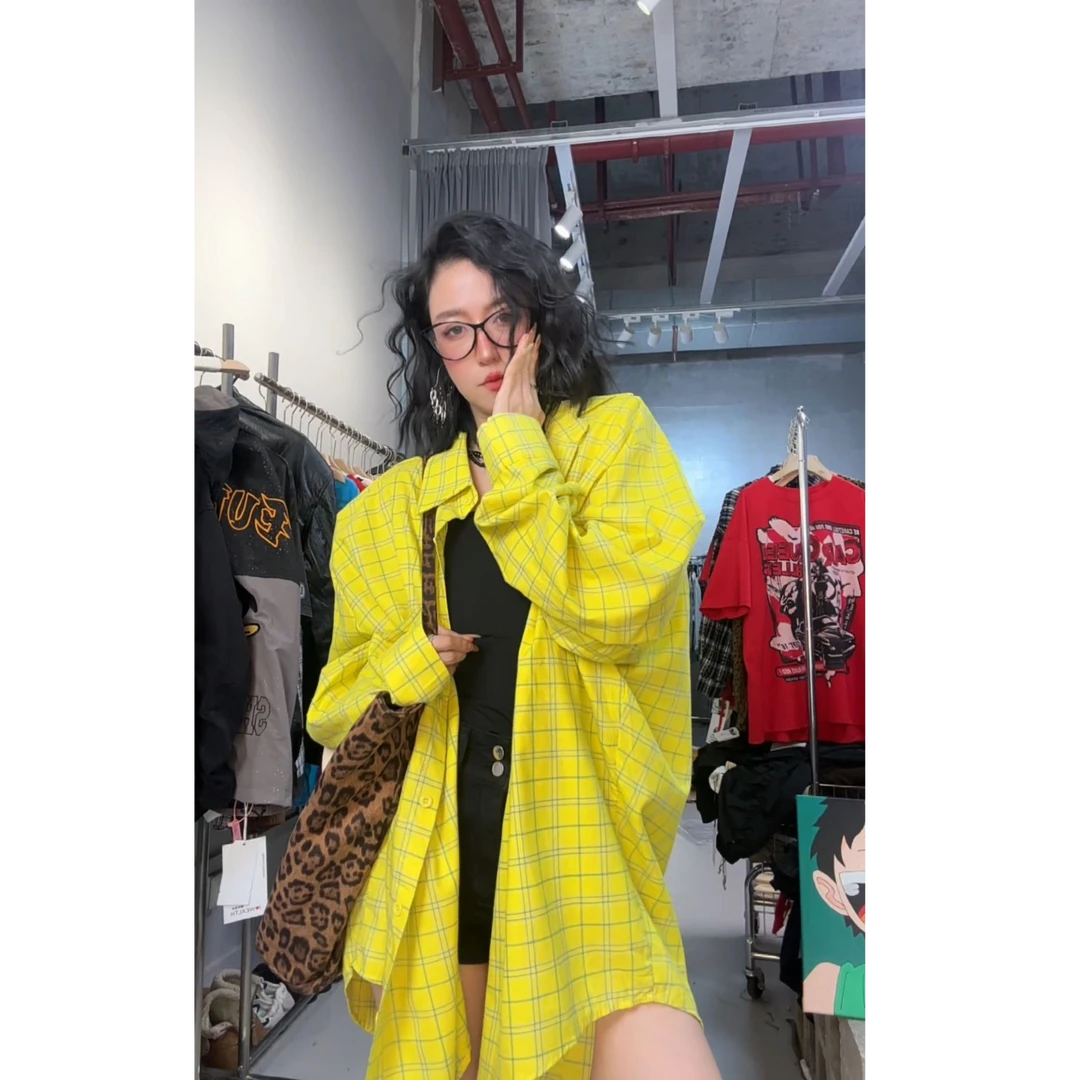 奇奇家 春秋新款 超显白 柠檬黄 格子大版衬衫