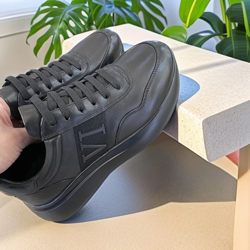 元郎男装男士皮鞋纯色低帮厚底黑色耐磨黑休闲皮鞋时尚百搭系带