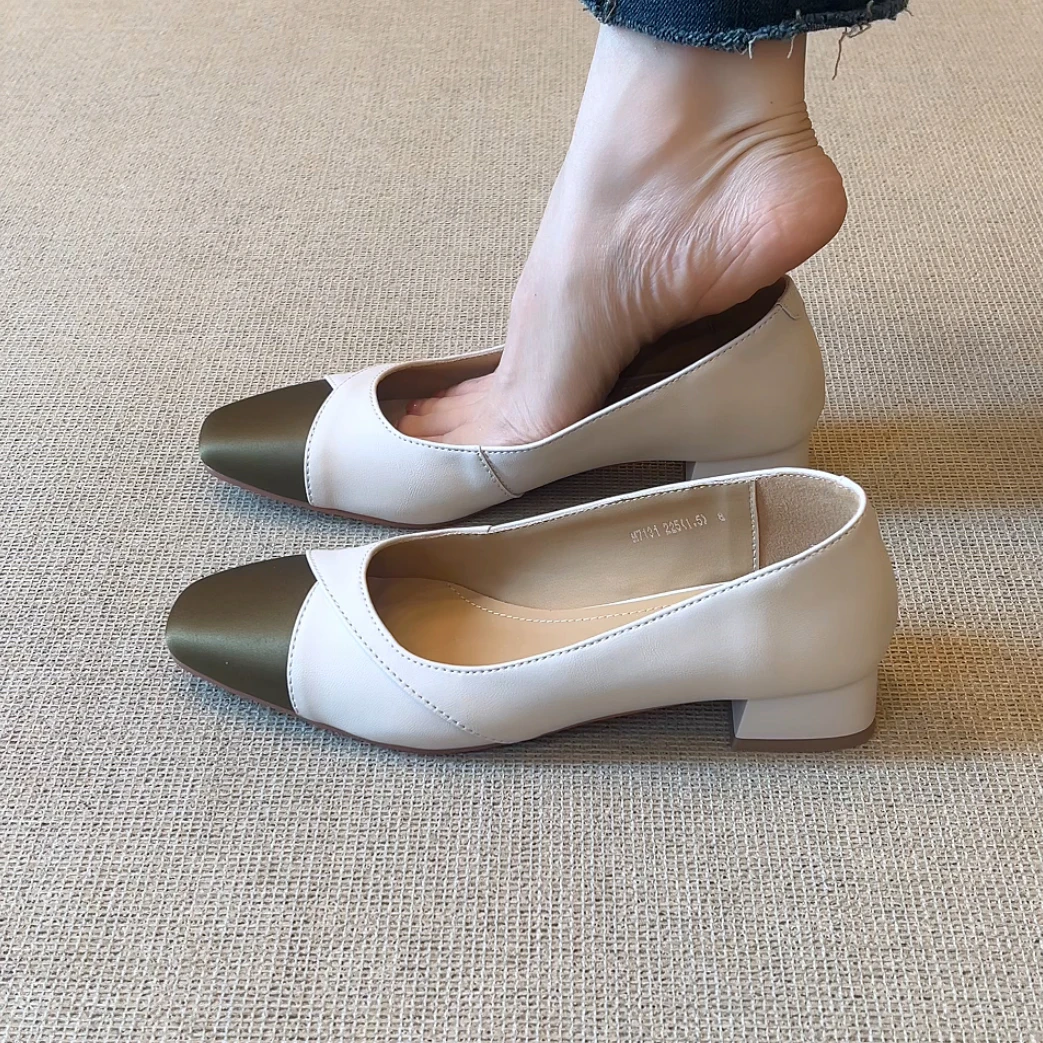 RubyL/3cm法式简约通勤拼色方头舒适百搭一脚蹬浅口粗跟单鞋女款