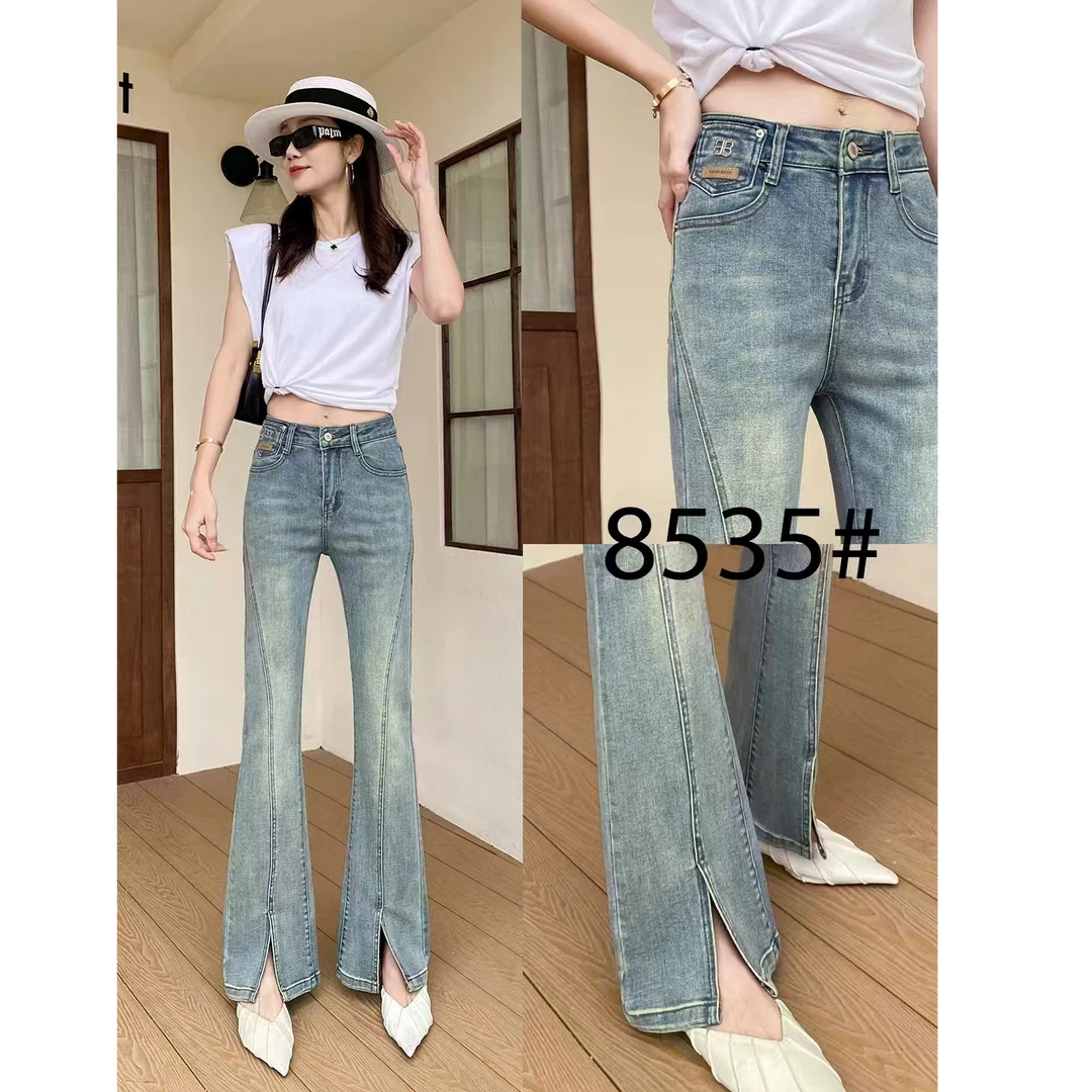 前开叉喇叭牛仔裤气质时尚优雅直筒显瘦修身设计感长裤KZ523