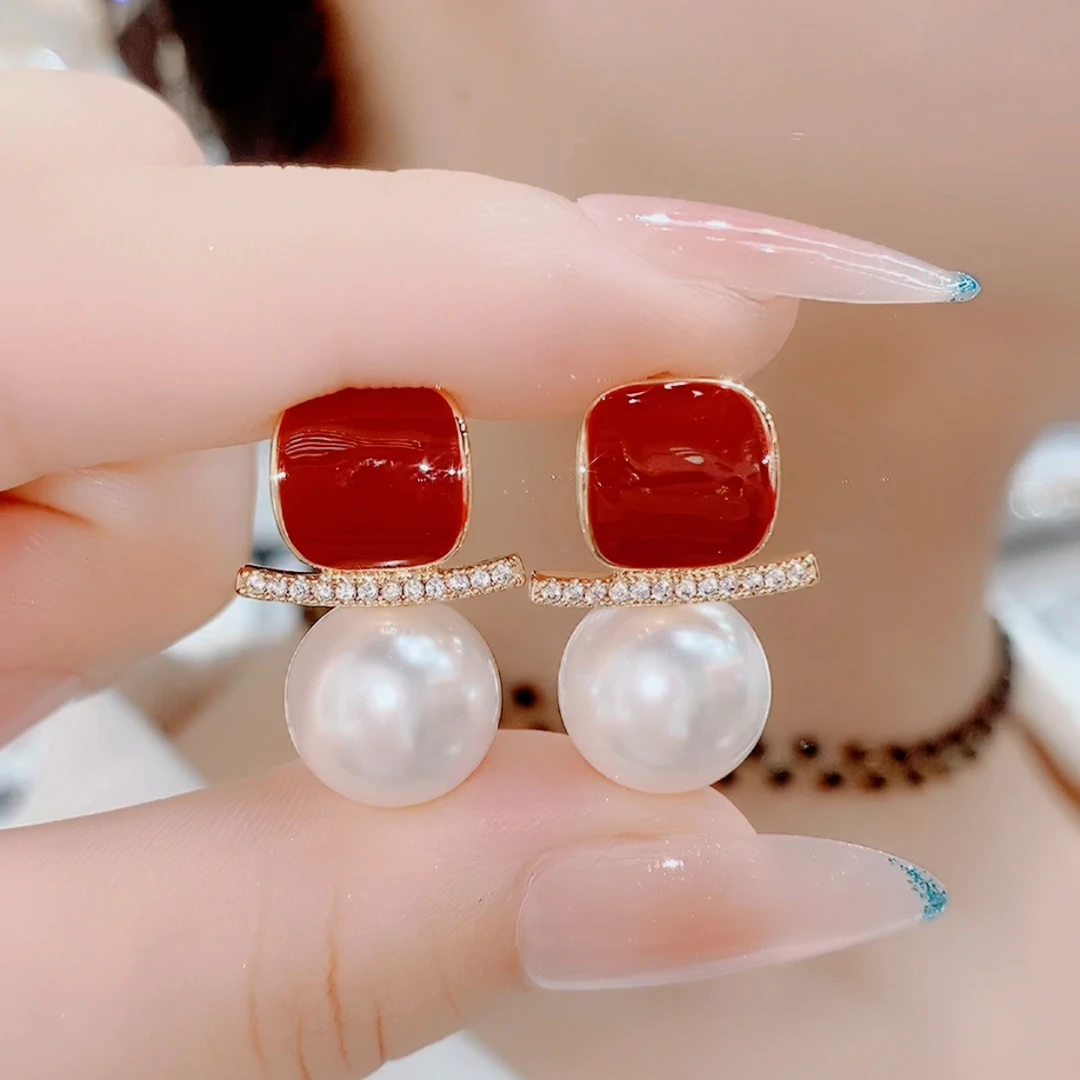 铜合金仿珍珠耳饰 0871时尚红色精致百搭气质耳钉耳环