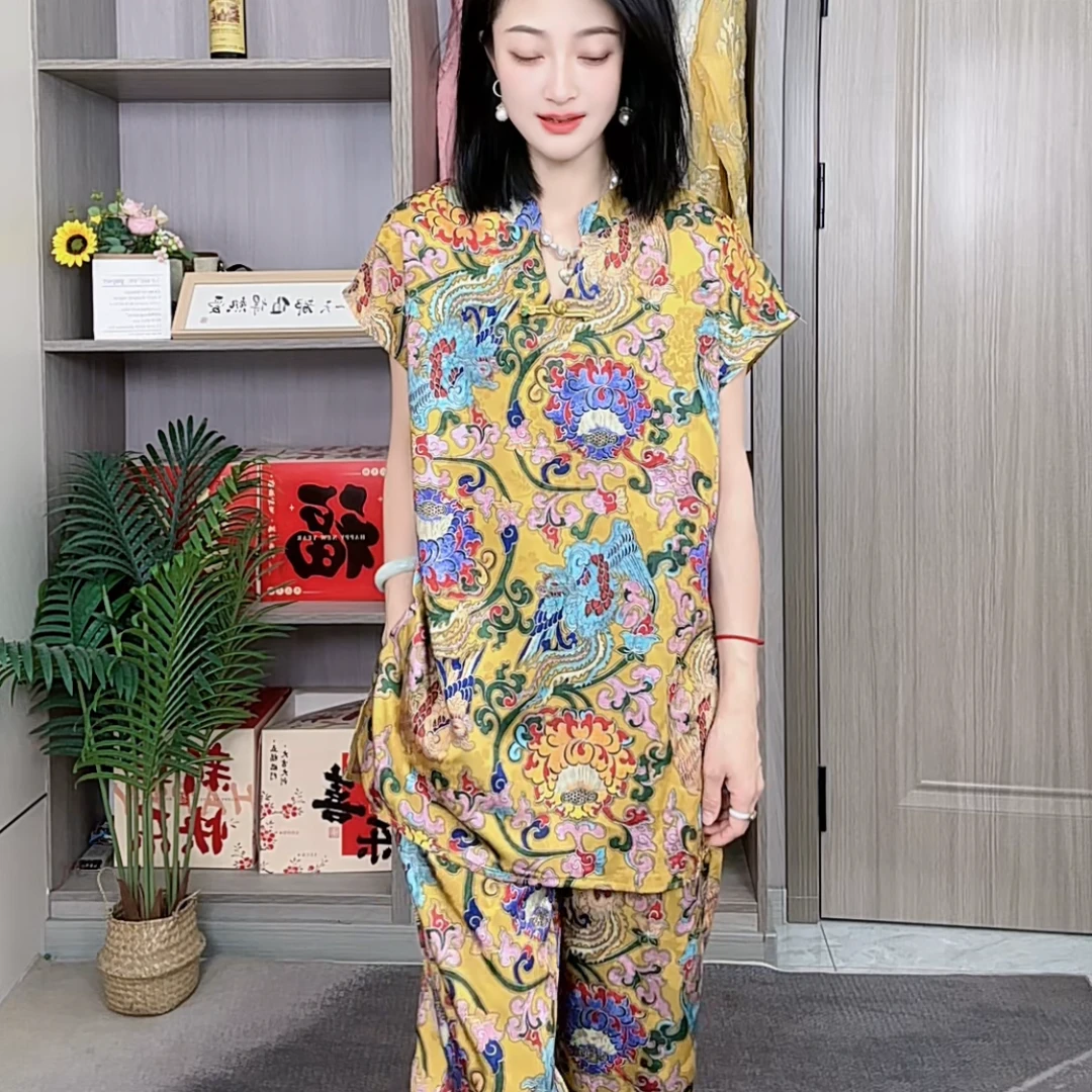 新中式夏季提花女装包袖立领时尚套装上衣+八分裤宽松大码