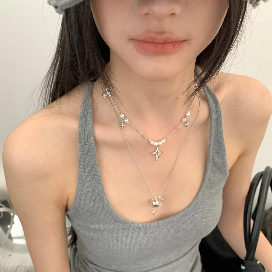 钛钢项链 双层叠带土星项链女ins小众高级锁骨链甜酷百搭脖颈坠链
