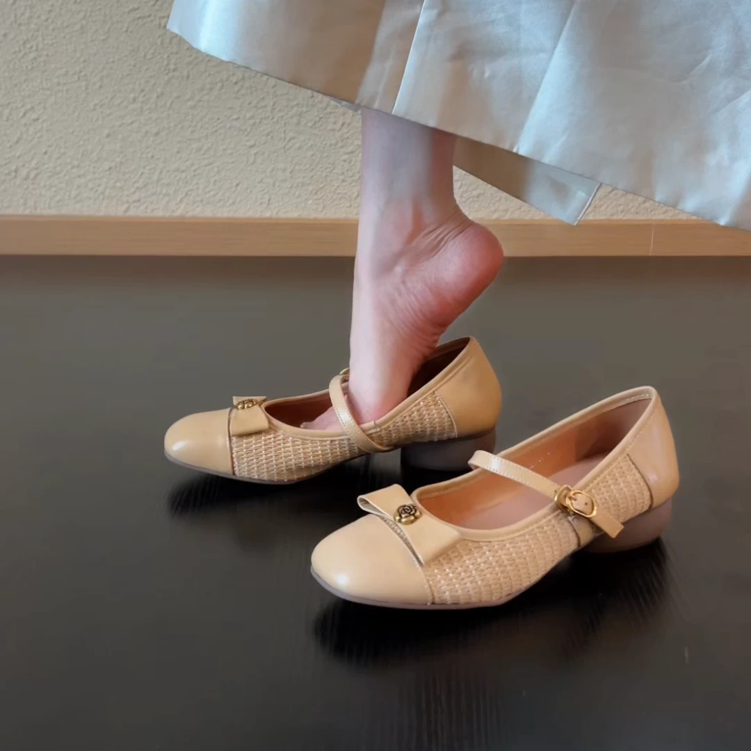 Pokoy-3cm法式复古圆头蝴蝶结单鞋女低跟浅口皮鞋黑色