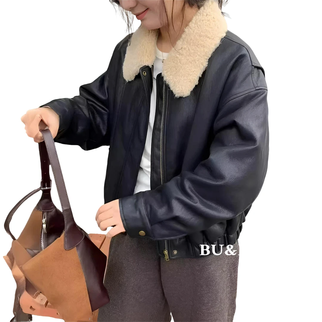 黑色毛领宽松短款翻领冬季皮衣皮夹克外套加绒加厚时尚网红夹克