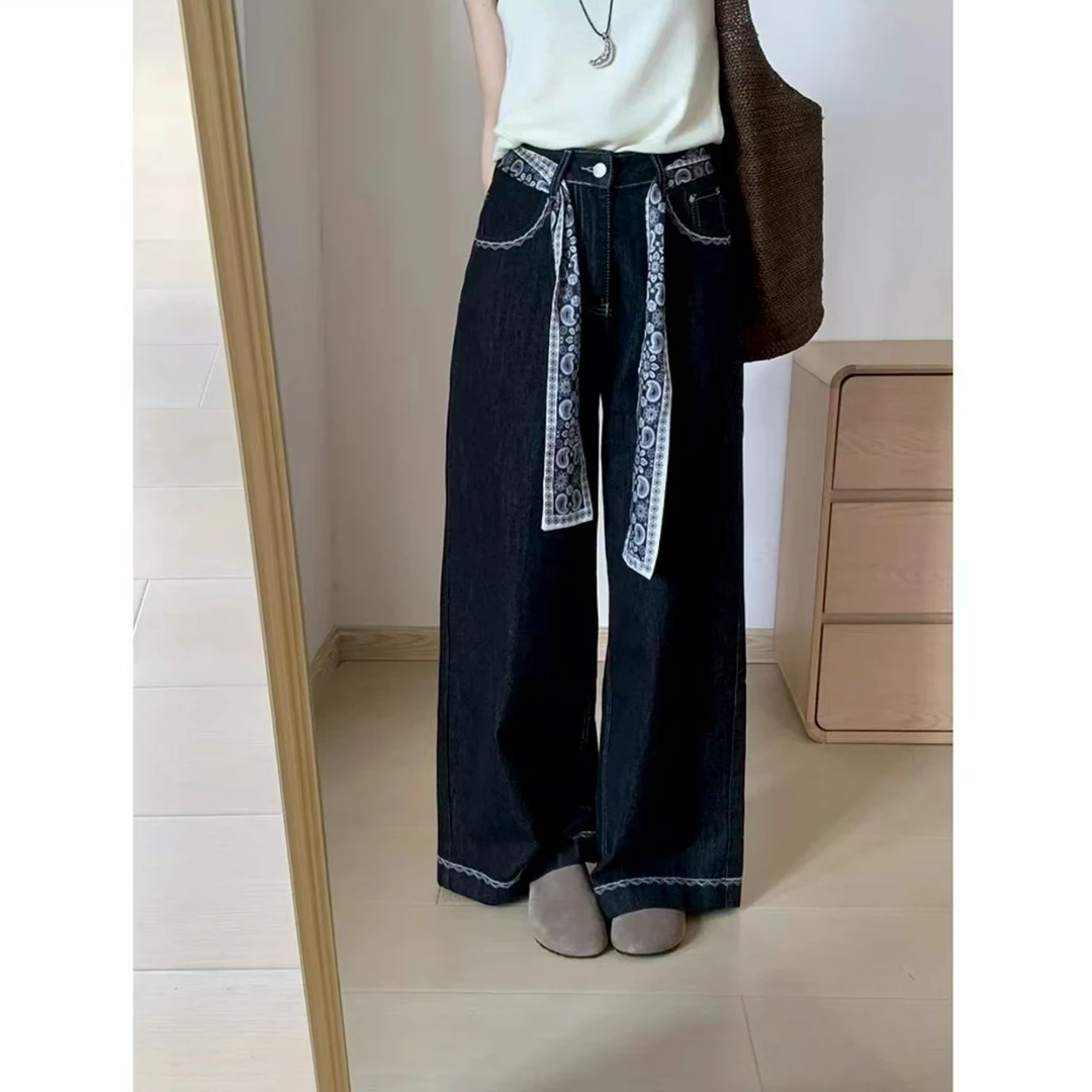 韩版时尚百搭2025秋季新款高品质丝巾腰带牛仔裤设计感直筒阔腿裤