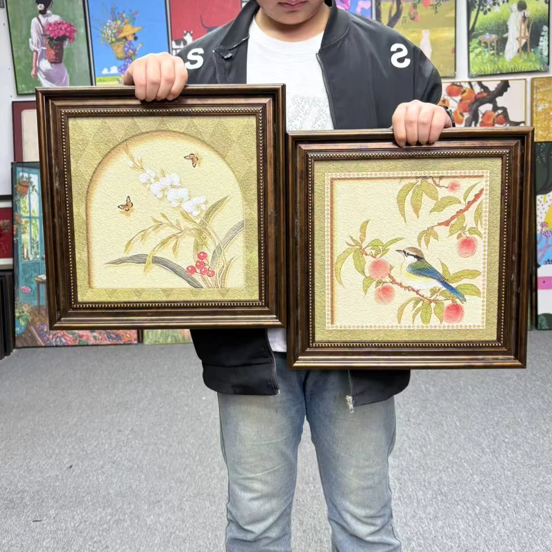 风客厅装饰画法式花鸟挂画复古玄关背景墙壁画组合4040