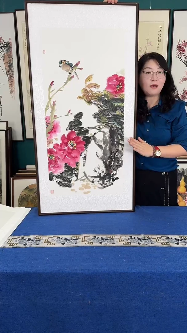 国画60*120牡丹实木装裱