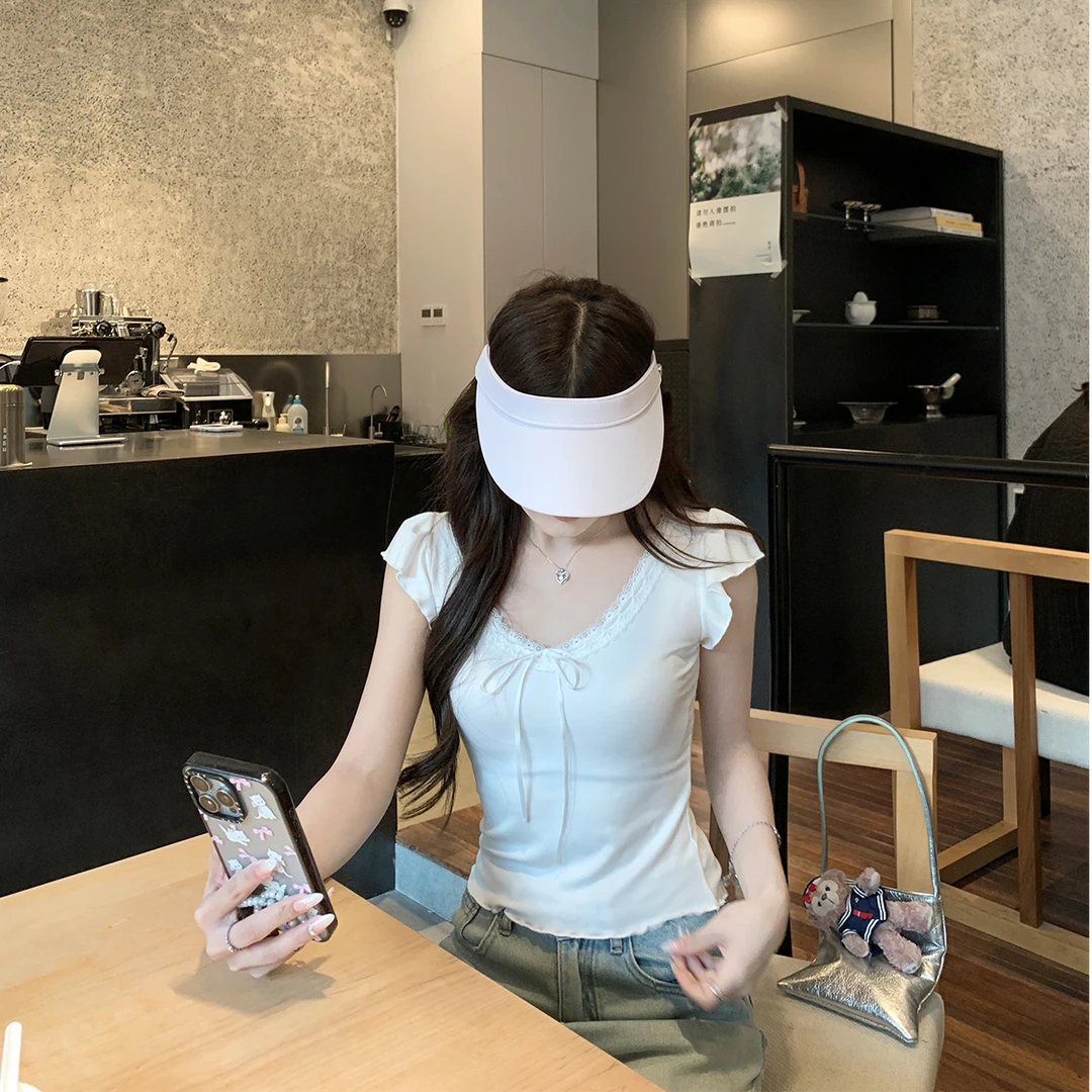 Zzhen【嗲嗲少女】设计感花边v领小飞袖上衣甜欲修身短袖DTX724