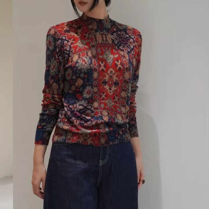 【黑唱片】绵羊毛秋冬小圆领气质长袖针织时尚印花T恤宽松中式百搭