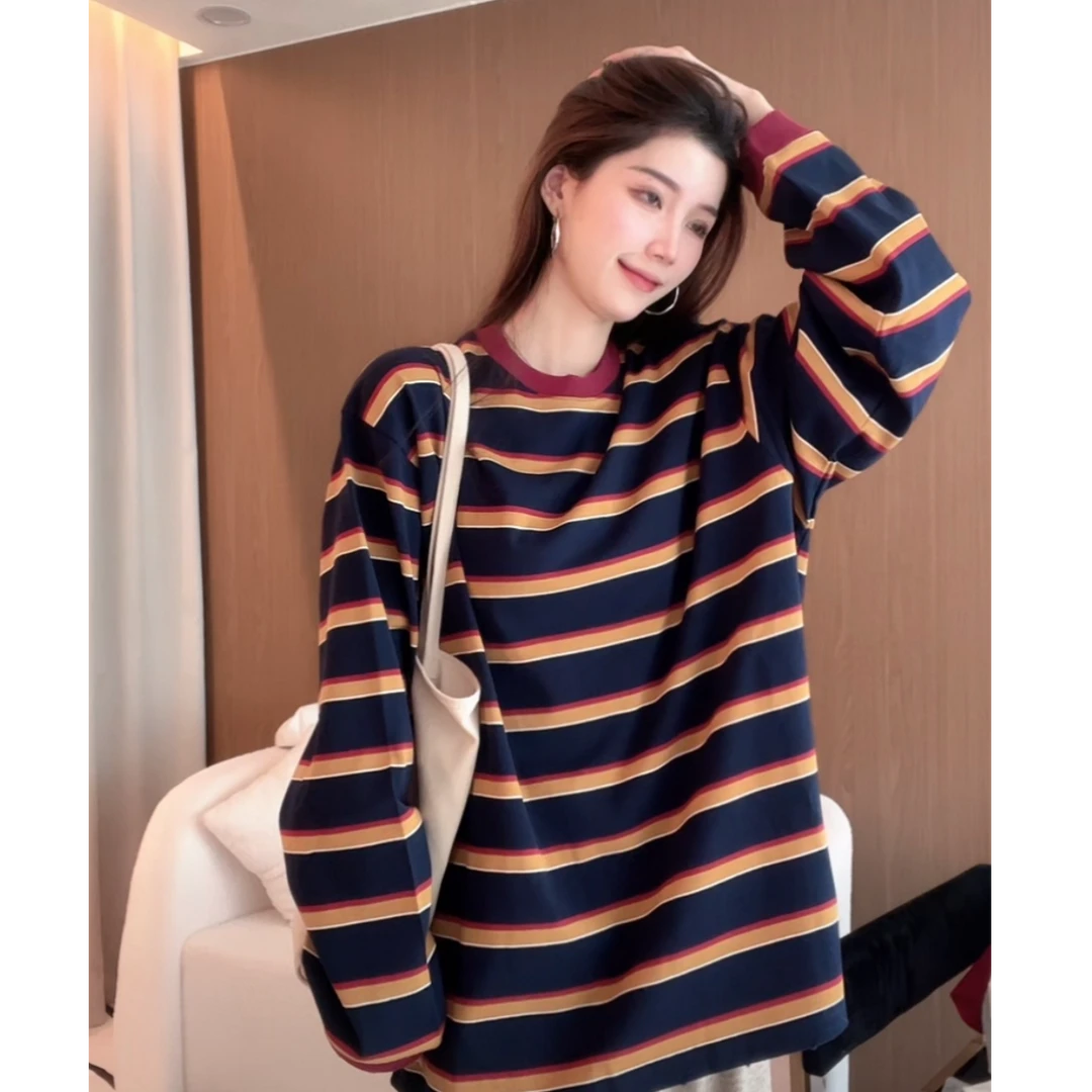 韩哈尼新款条纹撞色圆领长袖休闲T桖百搭宽松针织复古韩版ins