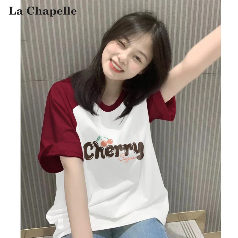 拉夏贝尔插肩撞色短袖T恤女2025新款爆款纯棉夏季上衣小众女装潮