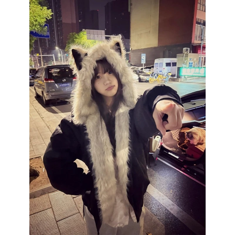 座山雕猫耳朵连帽夹克男秋冬季美式潮牌情侣棉服cleanfit保暖上衣