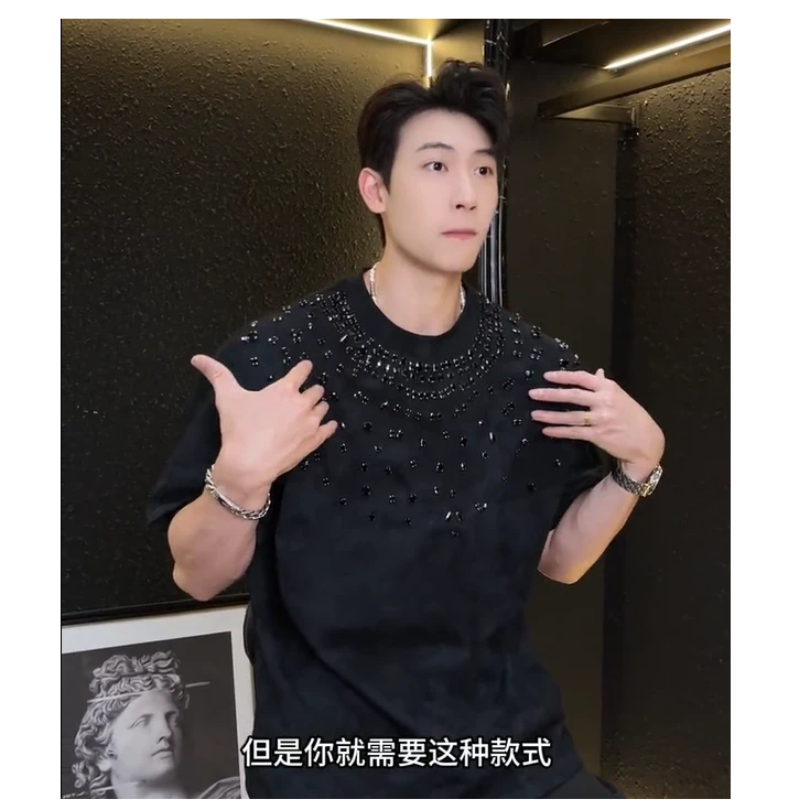 夏季高级感新款美式潮牌领口立体钻短袖T恤百搭潮流装饰套头上衣