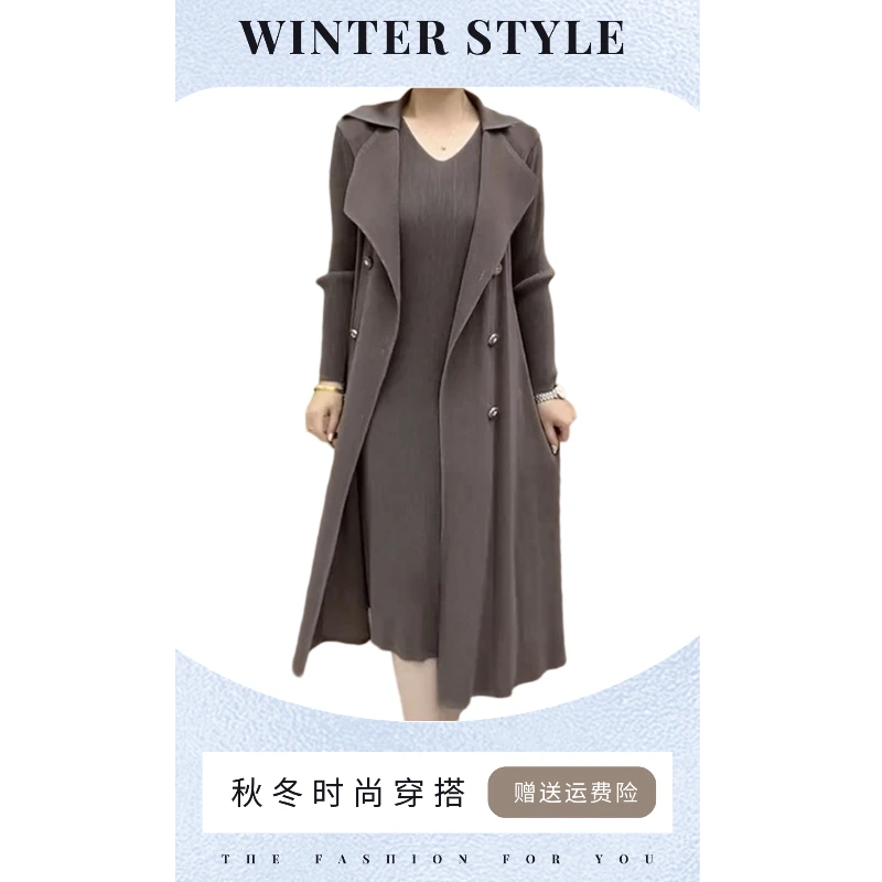 时尚高档妈妈装春季爆款收腰修身显瘦褶皱假两件风衣裙拼接外套女