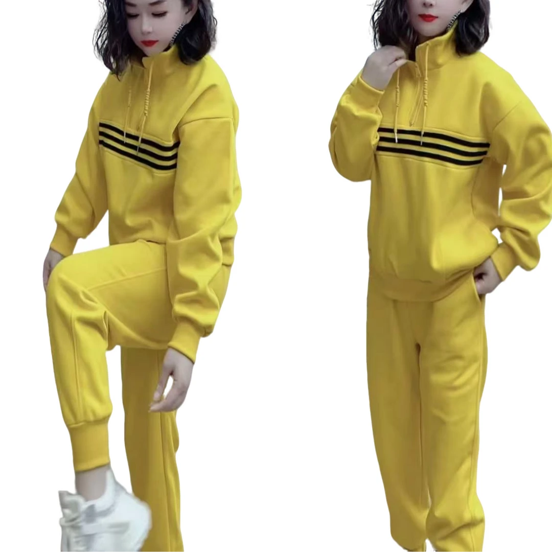 1557春季新款立领三道杠女款加厚不加绒上衣+裤子休闲运动套装