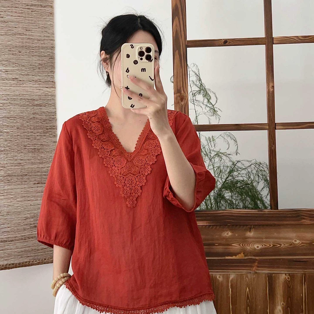 8593新款重工艺蕾丝边苎麻上衣（衣长60左右）