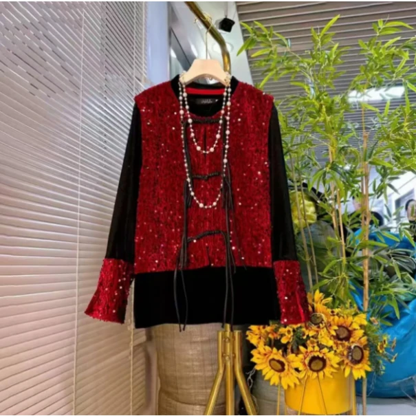 芃1808大码新中式盘扣重工拼接洋气内搭盘扣流苏亮片马甲俩件套