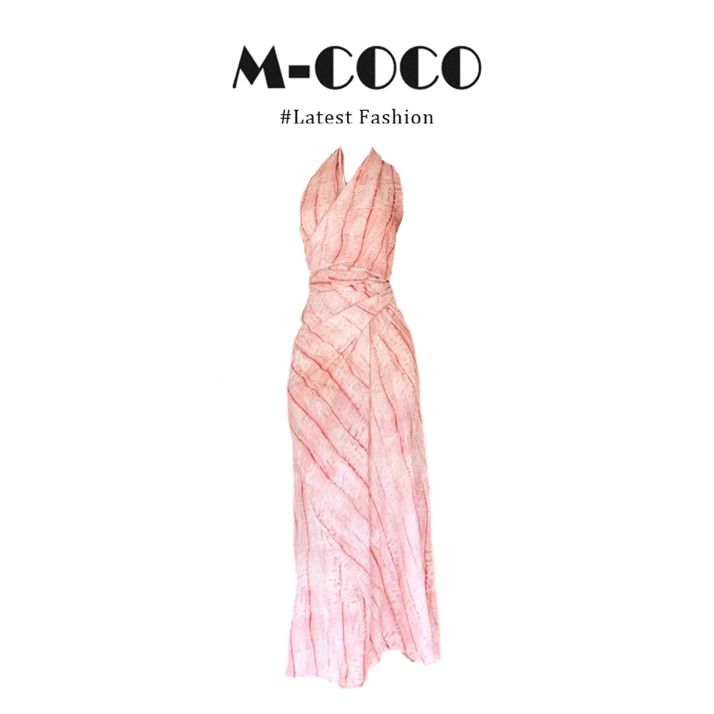 MARIE.COCO浪漫温柔风艺术感条纹晕染挂脖连衣裙女绑带收腰长裙子