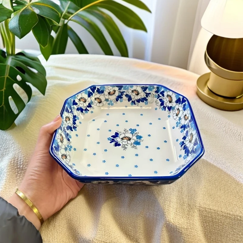 1高温瓷釉下彩靛蓝花园8英寸大方盘家用手绘深菜盘大烤盘