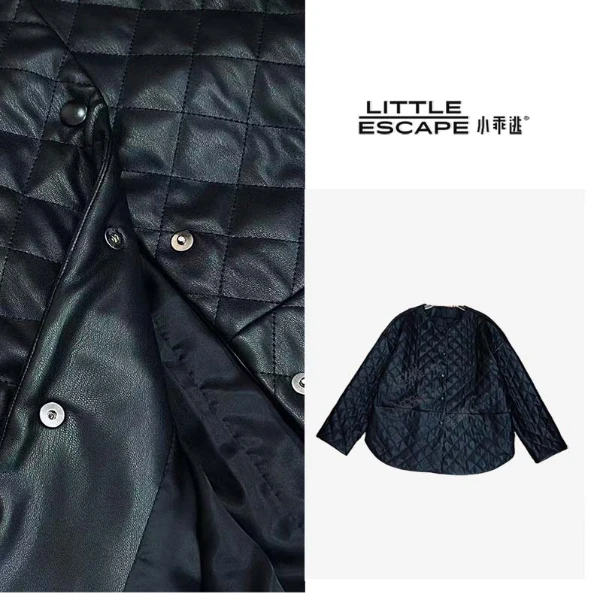 小乖逃黑色棉服圆领双口袋菱格外套棉服时尚休闲轻奢外套TS8056