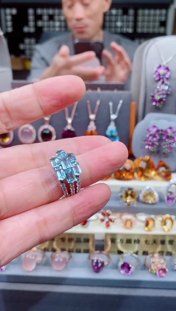 银S925镶嵌戒指托帕石海***~托帕石戒指15#