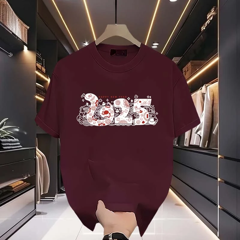 仓石一树夏季宽松型印花T恤酒红色男士休闲夏装潮流半袖夏韩版潮