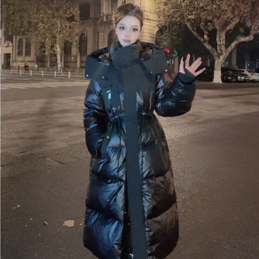 现货2024冬新韩版百搭气质过膝中长款90白鸭羽绒服连帽