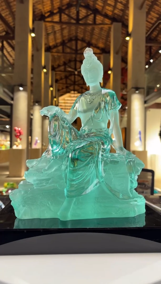 摆件0601085-101璨石美学天青色水月观音+300*200黑色大底座