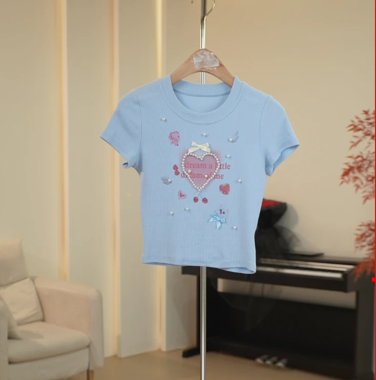 C371 ML系列珍珠爱心蓝色蝴蝶结针织短袖