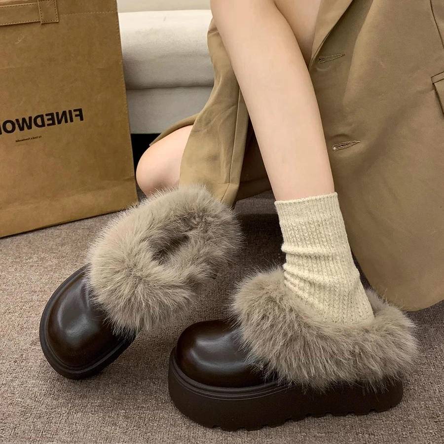 厚底防滑皮面勃肯毛毛鞋女2024新款冬季外穿加绒一脚蹬棉鞋雪地靴