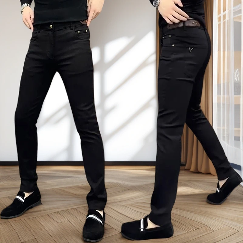 男士牛仔裤秋冬加绒潮牌时尚弹力小直脚秋冬黑色商务保暖牛仔裤男