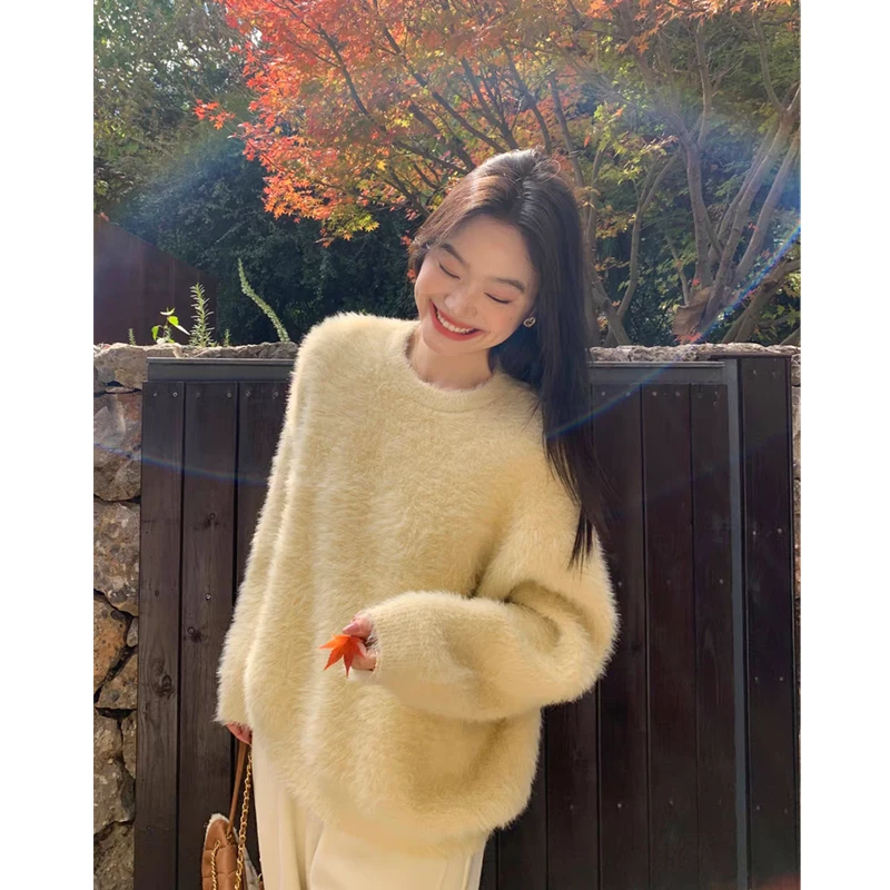 韩系宽松显白蓝色圆领软糯水貂毛毛衣冬温柔风别致套头慵懒上衣女