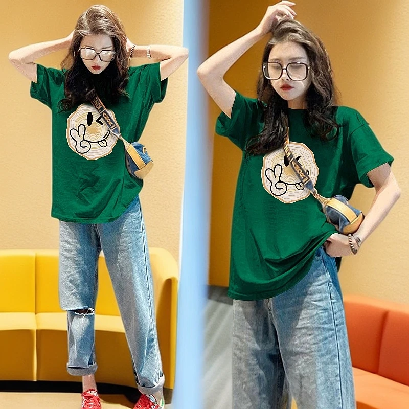 纯棉短袖T恤2025夏季笑脸墨绿色显瘦上衣小众设计感甜酷减龄半袖