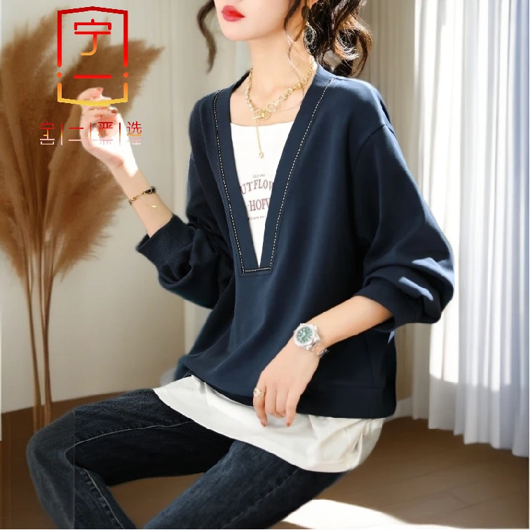 【宁一女装】时尚洋气显瘦欧洲站大码新款假两件字母印花卫衣外套女