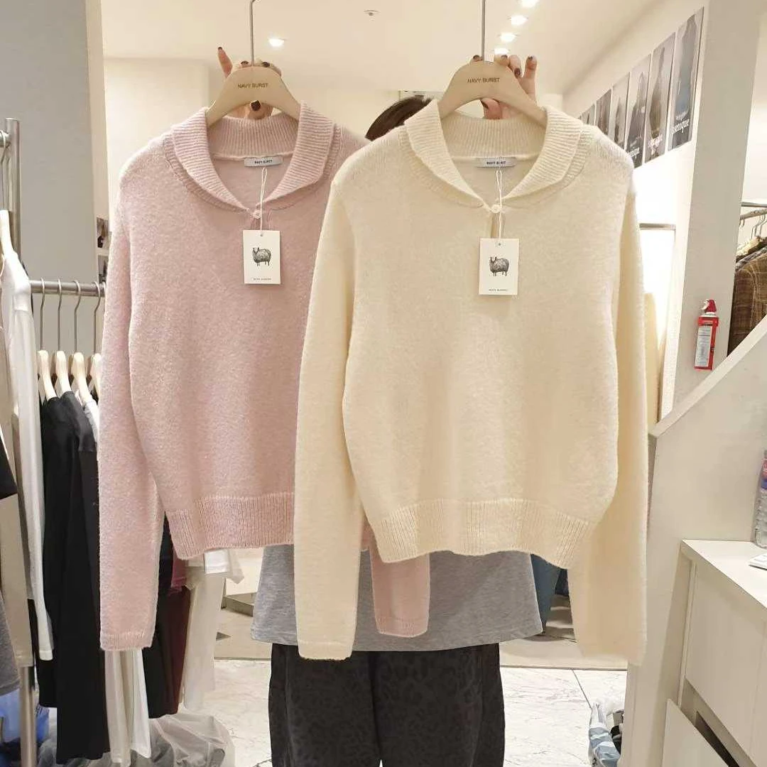 apM【NAVYBURST】韩国东大门新款一扣翻领气质针织毛衣