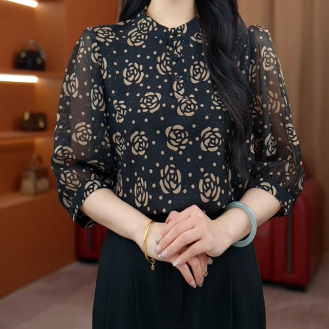 2025新款玫瑰绽放洋气玫瑰圆点衬衫减龄套头小衫衬衣