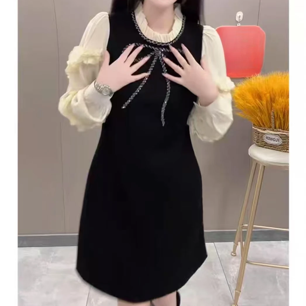 8301拼色蝴蝶结气质连衣裙