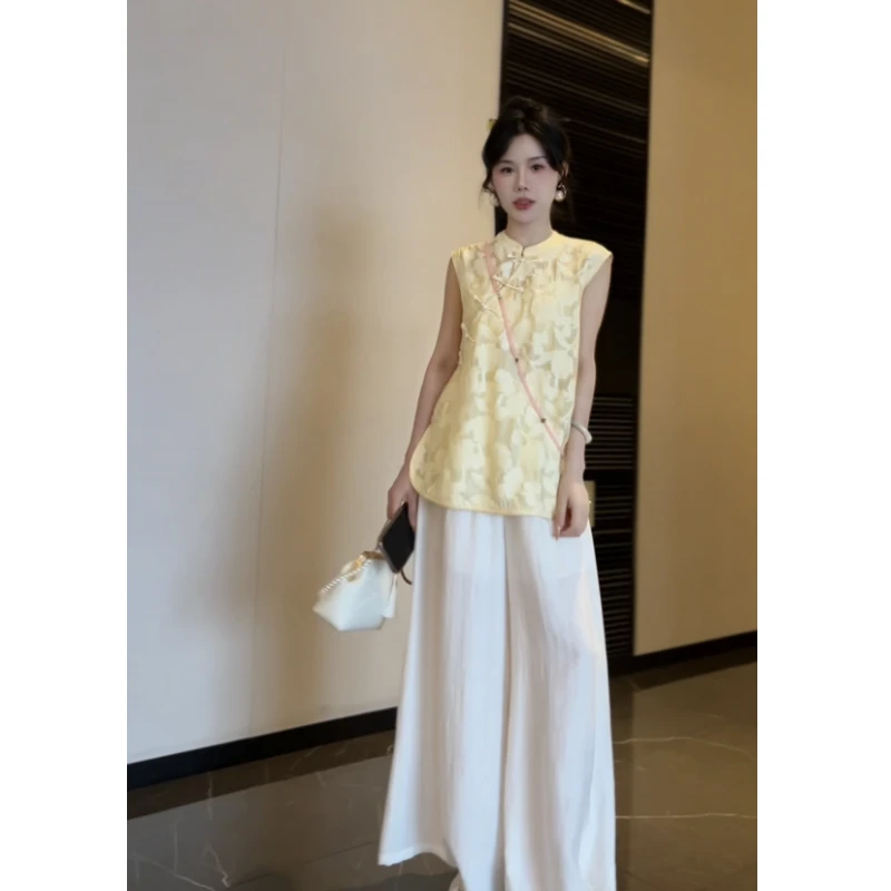 新中式提花无袖中长款上衣+阔腿裤夏季清凉感两件套26039