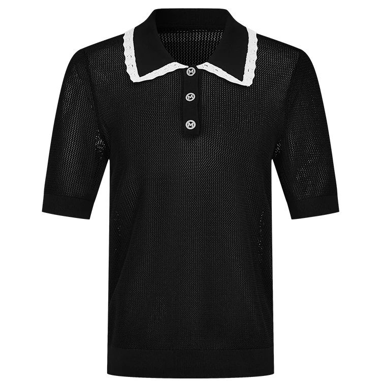 【羊羊专属】曼德诗针织T恤夏新款镂空冰丝撞色套头衫M733110904