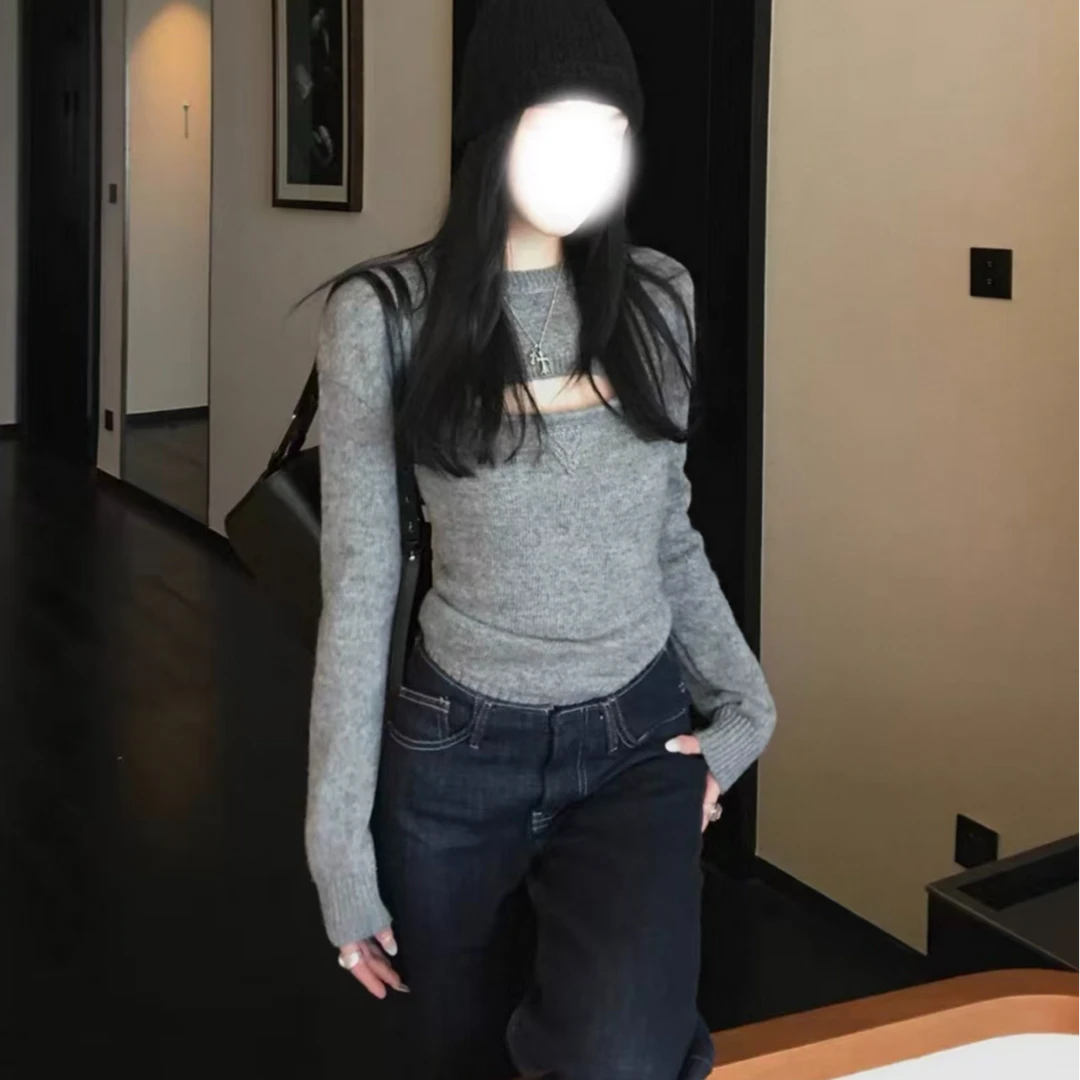 胖鹅张~辣妹复古内搭针织吊带+披肩上衣套装#8788