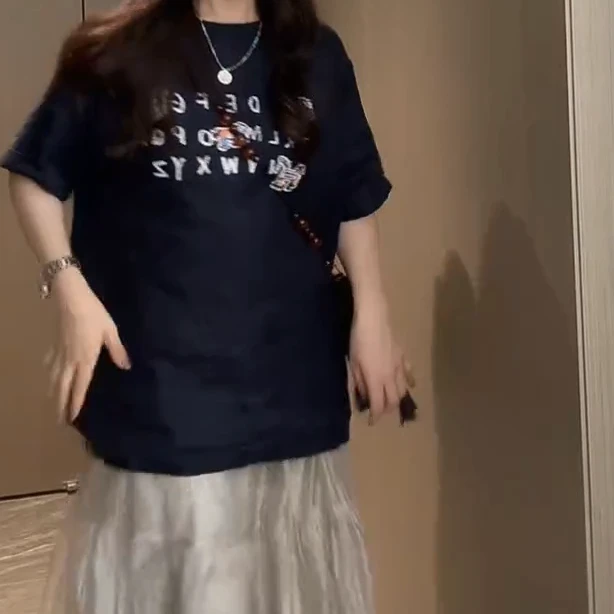 夏季气质休闲宽松时尚藏青色短袖上衣女C5570