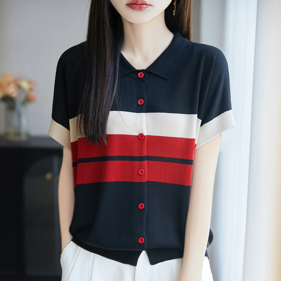 哥弟阿玛施正品夏季新款轻奢高级感时尚翻领拼色减龄百搭针织开衫