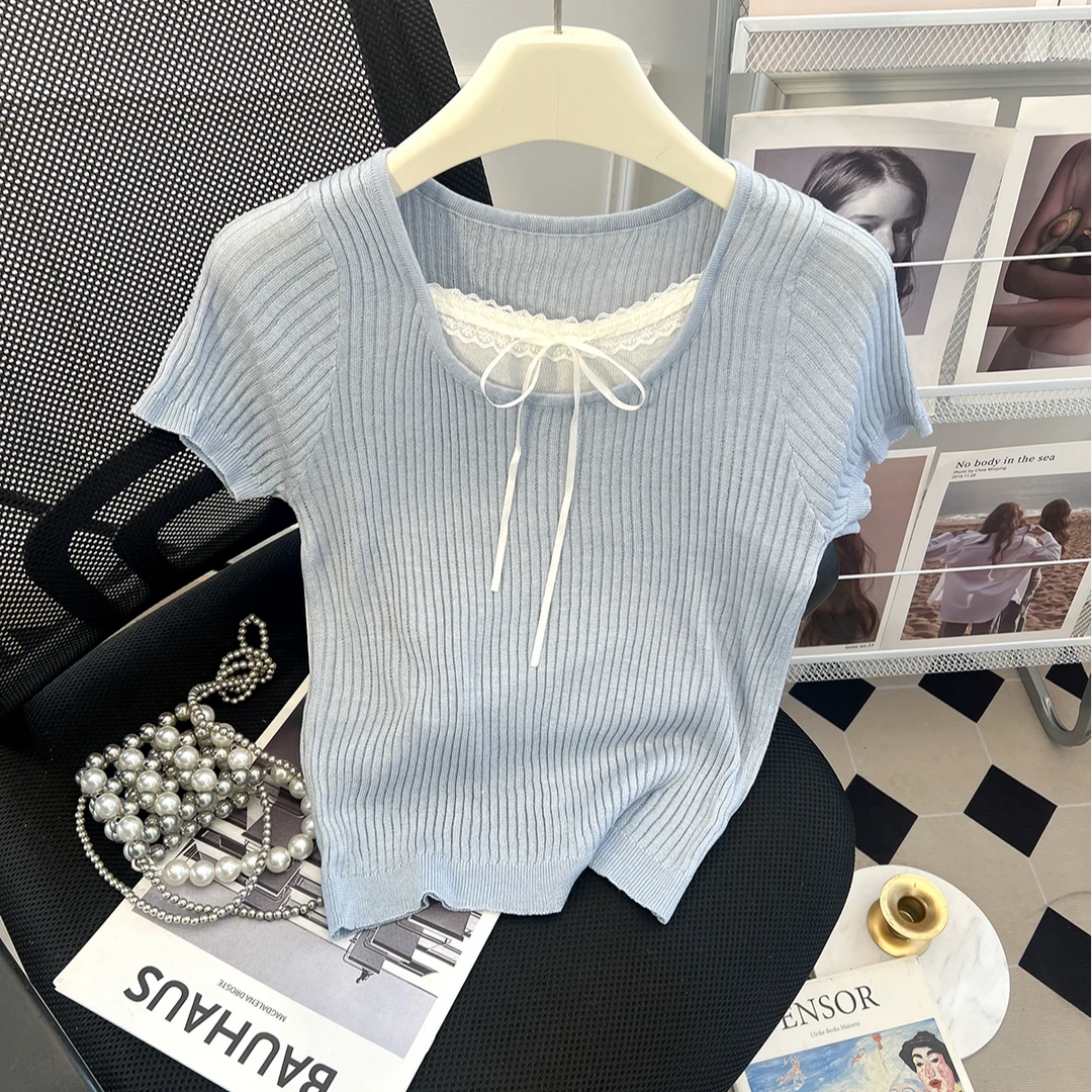 夏季薄款韩国东大门 休闲百搭显瘦双层蝴蝶结短袖针织衫